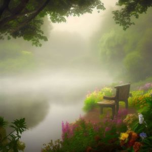 Anxiété et fibromyalgie. Une scène de nature tranquille, avec un lac serein entouré d'arbres verdoyants et de fleurs colorées. Au premier plan, un petit banc en bois invite le spectateur à s'asseoir et à se détendre. Cependant, le banc est partiellement caché par un épais brouillard, symbolisant la difficulté pour les personnes atteintes de fibromyalgie et d'anxiété de trouver la paix et la clarté au milieu de leurs luttes internes.