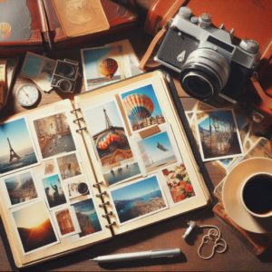 Voyager avec la fibromyalgie. Un album photo ouvert avec diverses photos de voyages, un journal à côté, et une caméra ou un appareil photo.