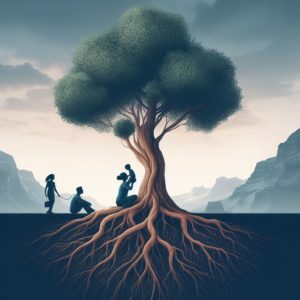 Ătre parent avec la fibromyalgie. Un arbre robuste aux racines profondes, reprĂ©sentant la force et la rĂ©silience nĂ©cessaires pour gĂ©rer la fibromyalgie tout en Ă©tant parent.