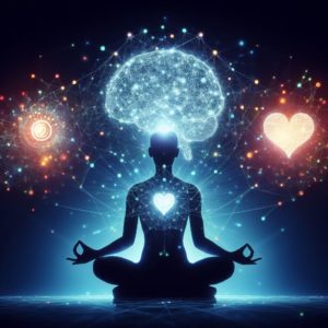 Une silhouette méditative émettant une aura lumineuse, avec des icônes de cerveau, cœur et sourire, tous reliés par des petits points lumineux, symbolisant les liens positifs.