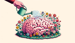 Une représentation d'un cerveau sous forme de jardin luxuriant, avec des fleurs en pleine floraison et un arrosoir déversant des pensées positives sur elles.