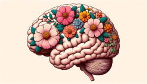 Une représentation artistique du cerveau humain, où des fleurs épanouies symbolisent des pensées positives et des mauvaises herbes incarnent la douleur.