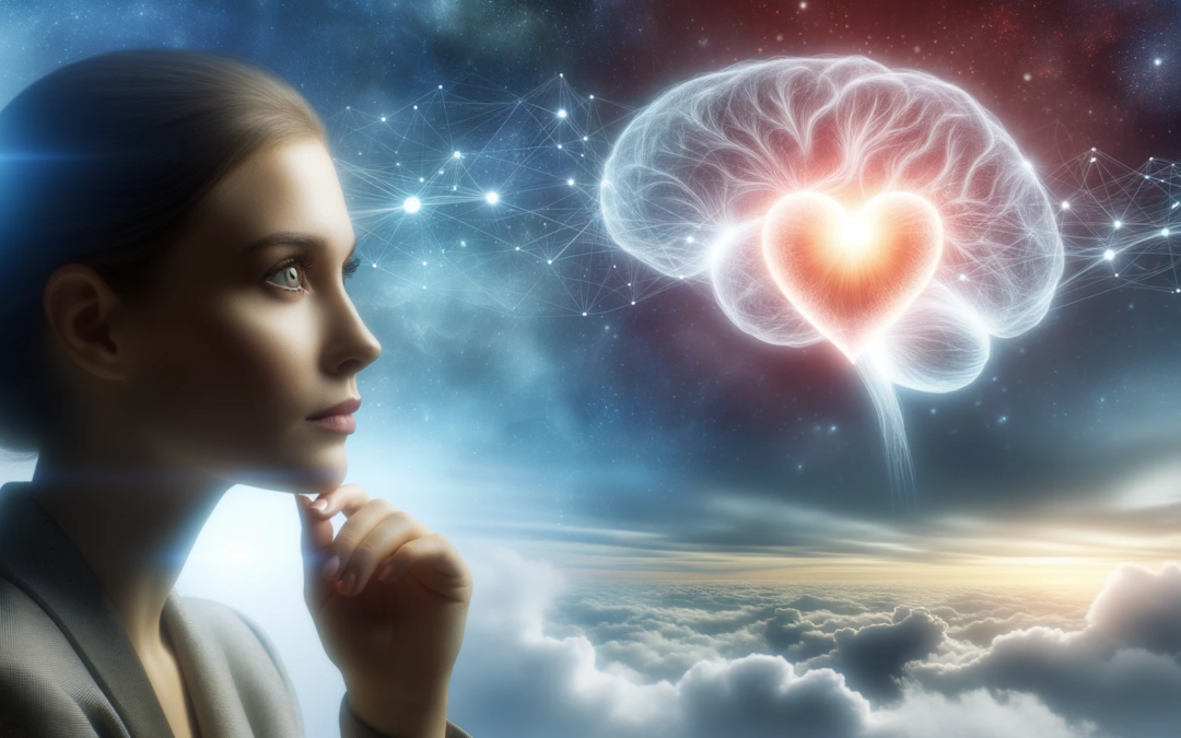 Une femme, Claire, regardant avec espoir l'horizon, avec une légère silhouette d'un cerveau et d'un cœur interconnectés par des faisceaux lumineux.