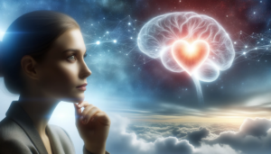 Optimisme et fibromyalgie. Une femme, Claire, regardant avec espoir l'horizon, avec une légère silhouette d'un cerveau et d'un cœur interconnectés par des faisceaux lumineux.