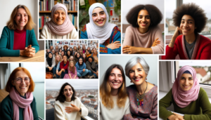 Optimisme et fibromyalgie. Un collage de femmes diverses, dont Isabelle et Fatima, souriant et s'adonnant à diverses activités, illustrant leur résilience.
