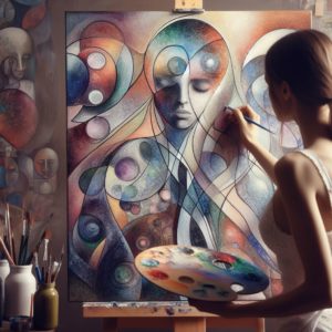 Art-thérapie pour fibromyalgie. Une artiste devant un chevalet, son pinceau trempé dans une palette de couleurs variées, la toile illustrant une mosaïque de formes et de couleurs symbolisant la douleur et l'espoir.