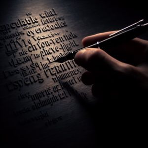 Art-thérapie pour fibromyalgie. Une plume qui libère des mots et des phrases des ténèbres vers la lumière, chaque mot évoquant des émotions, des défis et des triomphes.