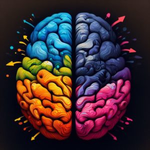 Deux cerveaux juxtaposés - l'un en couleur vive, représentant l'équilibre émotionnel, et l'autre en teintes sombres, symbolisant le déséquilibre. Des flèches montrent les zones affectées par chaque état.