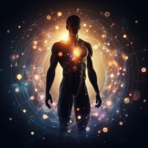 Une silhouette humaine avec des zones en surbrillance (comme des points douloureux) entourée d'une aura sombre, contrastée par des bulles lumineuses symbolisant l'espoir et l'énergie positive.
