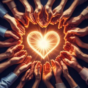 Plusieurs mains de divers âges et origines se rejoignent au centre, tenant un cœur lumineux, symbolisant le soutien mutuel et la gratitude partagée.
