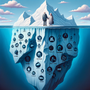 Fibromyalgie : Naviguer ensemble à travers douleurs et espoirs. Illustration d'un couple (Léa et Marc) debout face à un grand iceberg, symbolisant la fibromyalgie. La partie émergée de l'iceberg représente la douleur visible, tandis que la partie immergée montre d'autres symptômes sous forme de petits pictogrammes (fatigue, insomnie, tension...).