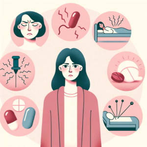 Fibromyalgie : Naviguer ensemble à travers douleurs et espoirs. Image de Léa entourée de différentes bulles représentant ses symptômes (fatigue, douleur, insomnie) et ses traitements (médicaments, acupuncture, thérapie).