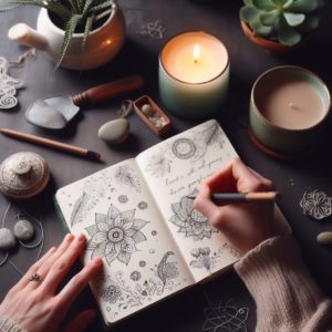 Pratiquer la gratitude avec la fibromyalgie. Une main écrivant dans un journal entourée de symboles apaisants (tasse de thé, bougie, plante) avec des citations inspirantes en filigrane sur les pages.