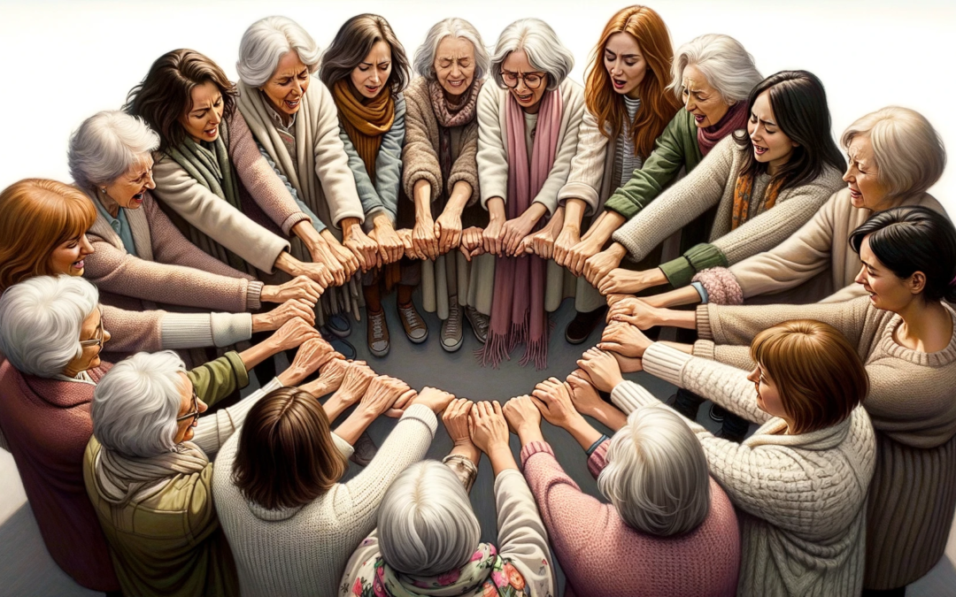 Une photo d'un groupe diversifié de femmes, riant et partageant dans un cercle, évoquant le soutien mutuel.