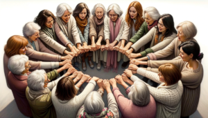 Une photo d'un groupe diversifié de femmes, riant et partageant dans un cercle, évoquant le soutien mutuel.