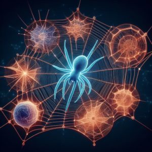 Les fils invisibles tissent une toile d'araignée, symbolisant les liaisons cellulaires complexes entre le SED, la fibromyalgie et la connectivité tissulaire.