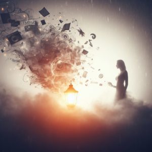 Une silhouette de personne tenant une lampe tempête, éclairant des souvenirs éparpillés - images, mots, moments - qui s'évaporent dans la brume.