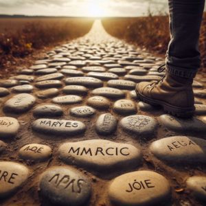Pratiquer la gratitude avec la fibromyalgie. Une paire de pieds marchant sur un chemin bordé de pierres gravées de mots de remerciements.
