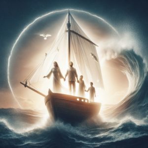 Un navire en haute mer bravant une tempĂȘte, tandis qu'Ă l'intĂ©rieur, une famille se tient unie et sereine, avec une lumiĂšre douce Ă©manant de l'intĂ©rieur du bateau.