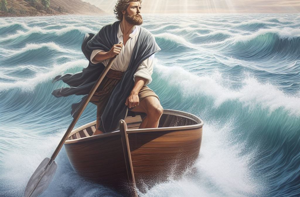 Image de Benjamin sur un petit bateau, naviguant sur une mer agitée avec des vagues énormes. En arrière-plan, une terre lointaine et ensoleillée symbolise son objectif, montrant sa détermination à surmonter les obstacles.