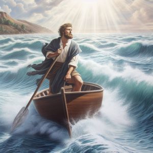 Victoires et témoignages fibromyalgie. Image de Benjamin sur un petit bateau, naviguant sur une mer agitée avec des vagues énormes. En arrière-plan, une terre lointaine et ensoleillée symbolise son objectif, montrant sa détermination à surmonter les obstacles.