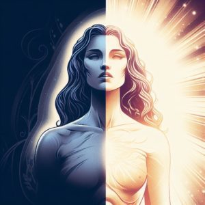 Illustration d'une femme, Clara, à mi-corps. La moitié gauche la montre dans des teintes sombres, une expression de douleur sur le visage, alors que la moitié droite la dépeint rayonnante, entourée d'une lumière éclatante.