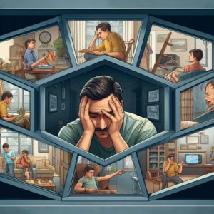 Un parent regardant Ă travers une fenĂȘtre aux multiples facettes, chaque facette montrant une scĂšne diffĂ©rente de la vie quotidienne avec la fibromyalgie.