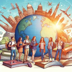 Une illustration montrant un groupe de voyageurs de différents âges et origines, avec en arrière-plan des points de repère mondiaux et des livres ou ressources.
