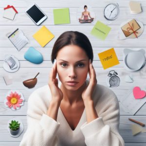 Une femme, concentrée, entourée d'outils d'aide à la mémoire, comme un calendrier, des rappels sur téléphone, des post-it et des pictogrammes d'activités relaxantes comme le yoga et la méditation.