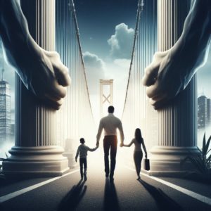Ătre parent avec la fibromyalgie. Des piliers solides soutenant un pont, sur lequel marche une famille, symbolisant le soutien et la sĂ©curitĂ©.