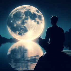 Une silhouette assise au bord d'un lac calme, reflet de la pleine lune sur l'eau, symbolisant la paix intérieure et la réflexion.