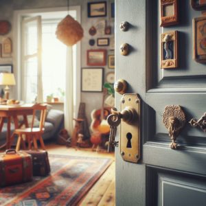 Une porte d'entrée avec une clé dans la serrure, ouvrant sur un intérieur cosy avec des souvenirs de voyage éparpillés.