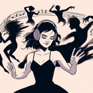 Victoires et témoignages fibromyalgie. Illustration de Sophie en pleine danse, les yeux fermés, perdus dans la musique. Des ombres dansantes, symbolisant sa douleur, l'entourent, mais elle les intègre dans sa danse, illustrant son harmonie intérieure.