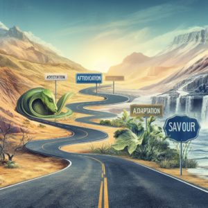 Une route sinueuse traversant des paysages variés, avec des panneaux indiquant "Anticipation", "Adaptation" et "Savourer"
