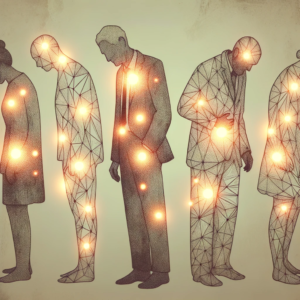 Fibromyalgie : Naviguer ensemble à travers douleurs et espoirs. Silhouettes de différentes femmes avec des zones lumineuses indiquant des points de douleur, mettant en évidence la prévalence de la maladie chez les femmes.