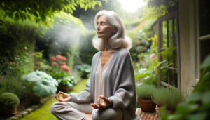 Une image de Sophie, méditant paisiblement dans un jardin, reflétant la sérénité malgré les défis de la fibromyalgie.