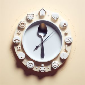 Une horloge avec des aiguilles en forme de cuillĂšres (rĂ©fĂ©rence Ă la thĂ©orie des cuillĂšres), entourĂ©e d'icĂŽnes symbolisant le repos, la mĂ©ditation, et le bien-ĂȘtre.