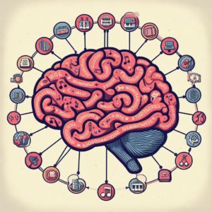 Un cerveau stylisé où chaque lobe est relié à des icônes symbolisant différentes techniques mnémotechniques - musique, notes écrites, répétitions, images associatives.