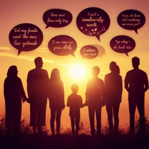Ătre parent avec la fibromyalgie. Plusieurs silhouettes de parents, de dos, face Ă un lever ou coucher de soleil, avec des bulles de texte rĂ©vĂ©lant des citations courtes et impactantes.