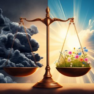 Pratiquer la gratitude avec la fibromyalgie. Une balance avec des défis (représentés par des nuages sombres) d'un côté, et des opportunités (représentées par des rayons de soleil et des fleurs) de l'autre, montrant une balance équilibrée.