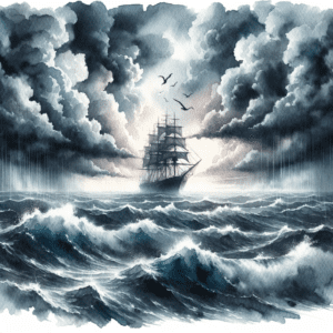 Fibromyalgie et changements saisonniers. Un navire naviguant sur des eaux agitées avec des nuages sombres au-dessus, symbolisant les défis supplémentaires posés par les changements climatiques rapides.