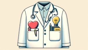 Une blouse de médecin avec des poches remplies d'outils tels qu'un cœur, une ampoule et un livre, symbolisant les outils de l'optimisme.