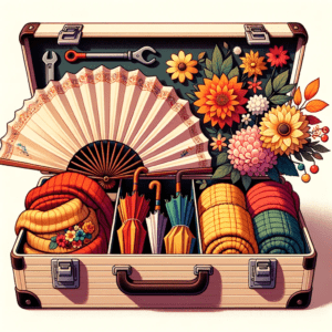 Une boîte à outils ouverte où chaque outil représente une saison. Par exemple, un éventail pour l'été, un parapluie pour l'automne, une écharpe pour l'hiver et des fleurs pour le printemps.