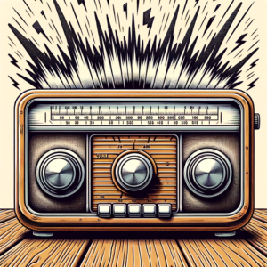 Une radio vintage dont le bouton de volume est bloqué au maximum, avec des ondes sonores sortant, illustrant la douleur amplifiée.
