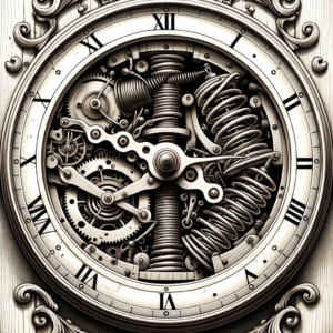Une vieille horloge avec des ressorts tendus à l'extrême, symbolisant le corps de Léa constamment sous tension.