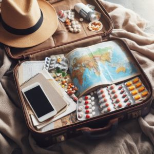 Voyager avec la fibromyalgie. Une valise ouverte avec des médicaments, des vêtements confortables, un journal de voyage et une carte du monde.