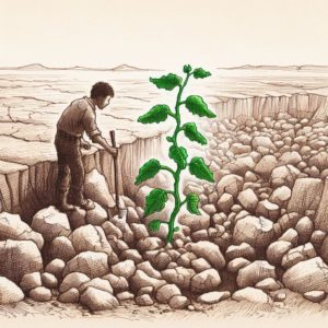 Victoires et témoignages fibromyalgie. Dessin de Thomas en train de jardiner dans un environnement aride et rocailleux. Contre toute attente, une plante verte et luxuriante émerge du sol sec, symbolisant l'espoir et la résilience.