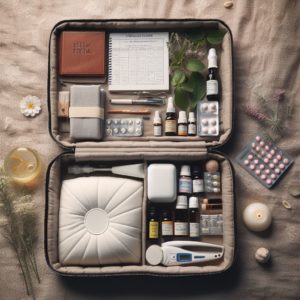 Voyager avec la fibromyalgie. Une trousse médicale ouverte, avec des huiles essentielles, des médicaments, un coussin chauffant et un guide de relaxation.