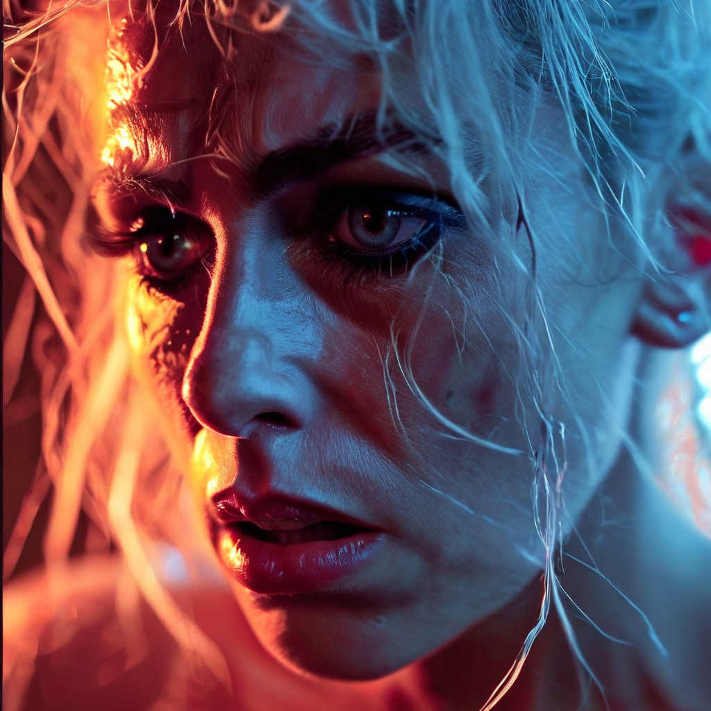Un gros plan serré sur le visage de Lady Gaga, les yeux plissés par la douleur, une expression de pure souffrance alors qu'elle semble lutter contre une crise fulgurante de fibromyalgie. Capturez l'intensité de la douleur au plus près.