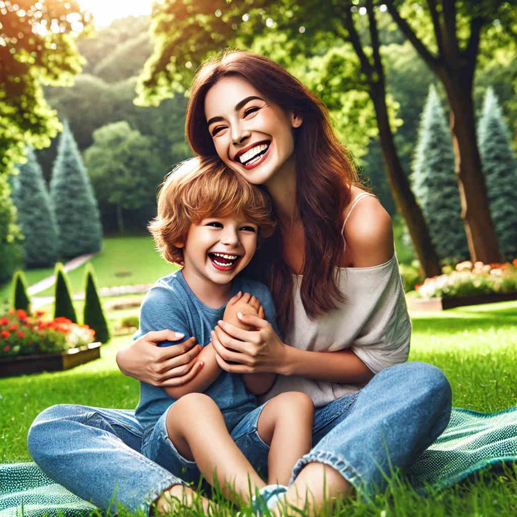 Gérer la fatigue fibromyalgie maman Se concentrer sur l'essentiel : Une mère et son enfant profitant d'un moment de complicité dans un parc verdoyant, tous deux rayonnants de joie et pleinement ancrés dans l'instant présent.